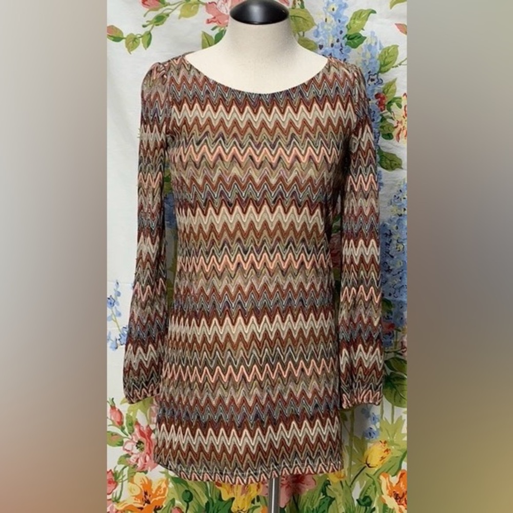 Forever 21 Brown Striped Multi Crochet Boho Mod Retro Mini Short Dress‎ Small S